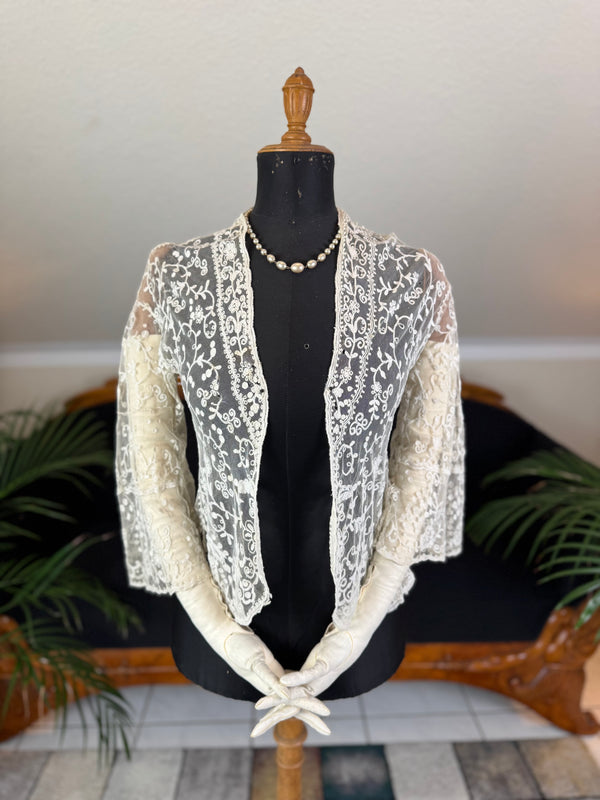 Edwardian white embroidered tulle jacket, ca. 1906, England.