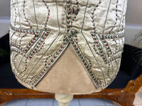 Cream silk embroidered Georgian waistcoat c.1770 from England with long‑line silhouette and floral detailing.