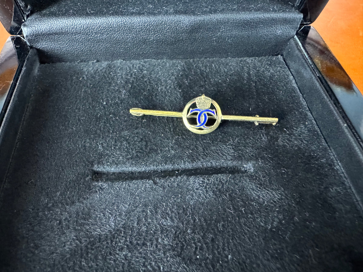 Gold tie pin with crowned blue enamel monogram of Crown Princess Cecilie of Prussia, Imperial German court jewellery.