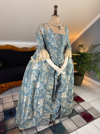 1770 blue silk damask Robe à la Française with Watteau pleats and lace engageantes, antique Rococo gown