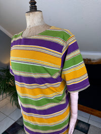 1920s bathing costume with short‑sleeved top and striped shorts