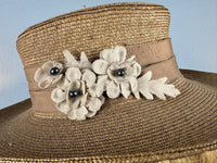 Antique 1903 fine‑woven French straw hat with silk band, fabric flowers, dark pearls, silk lining, well preserved