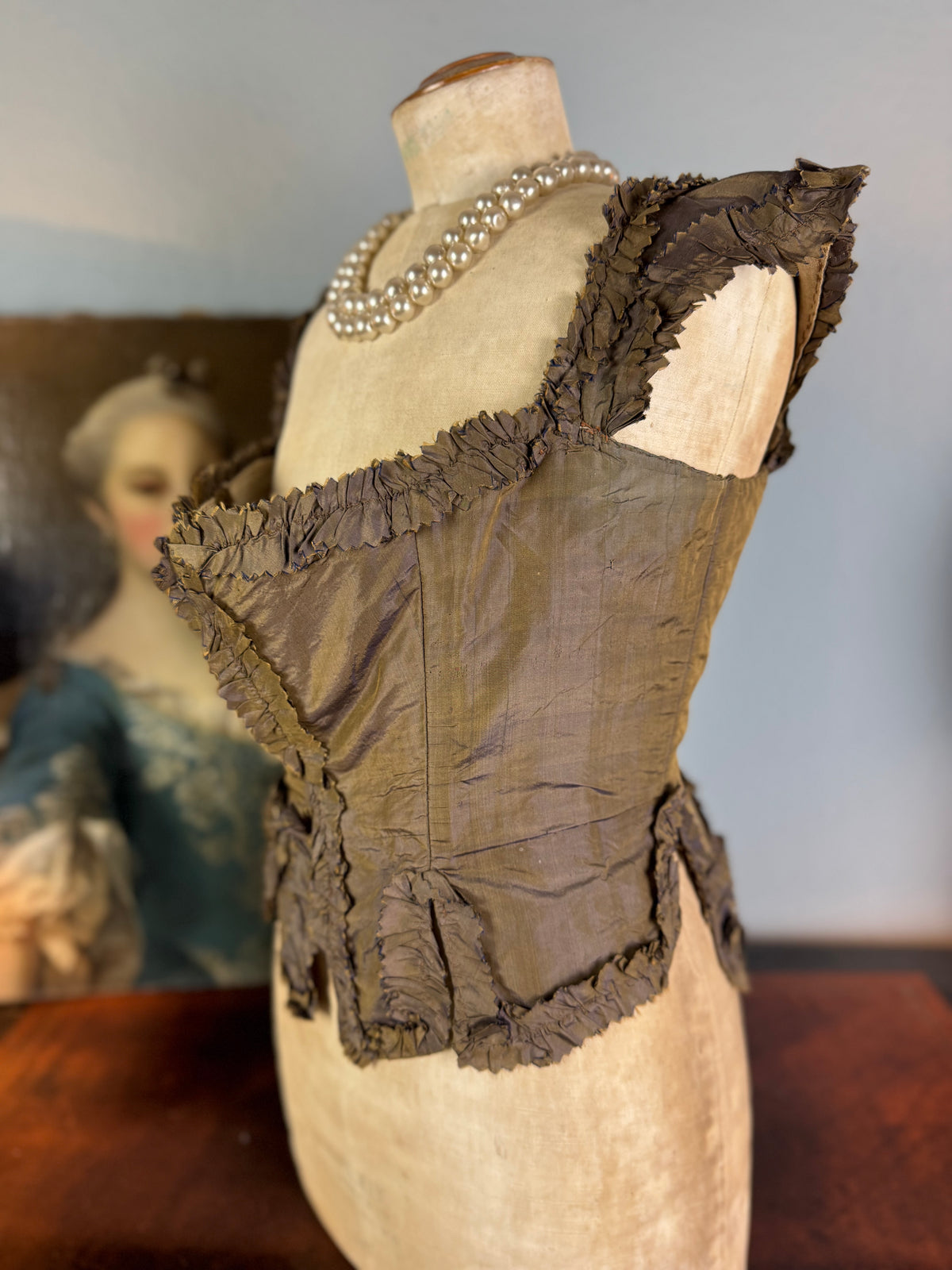 Rare Rococo bodice, 18th‑century bodice in French Rococo clothing, hand‑sewn bodice of brown silk, antique silk bodice