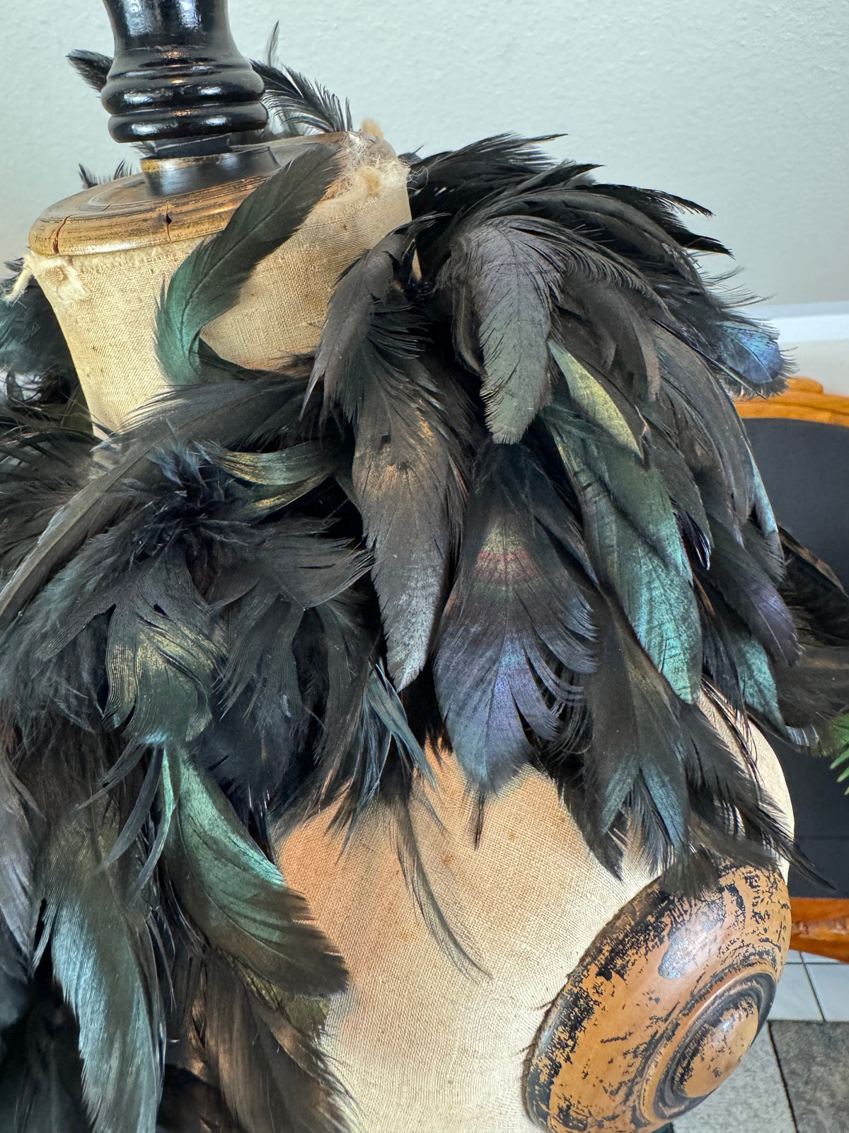 Black rooster feather boa, 1928 vintage feather accessory, rare example