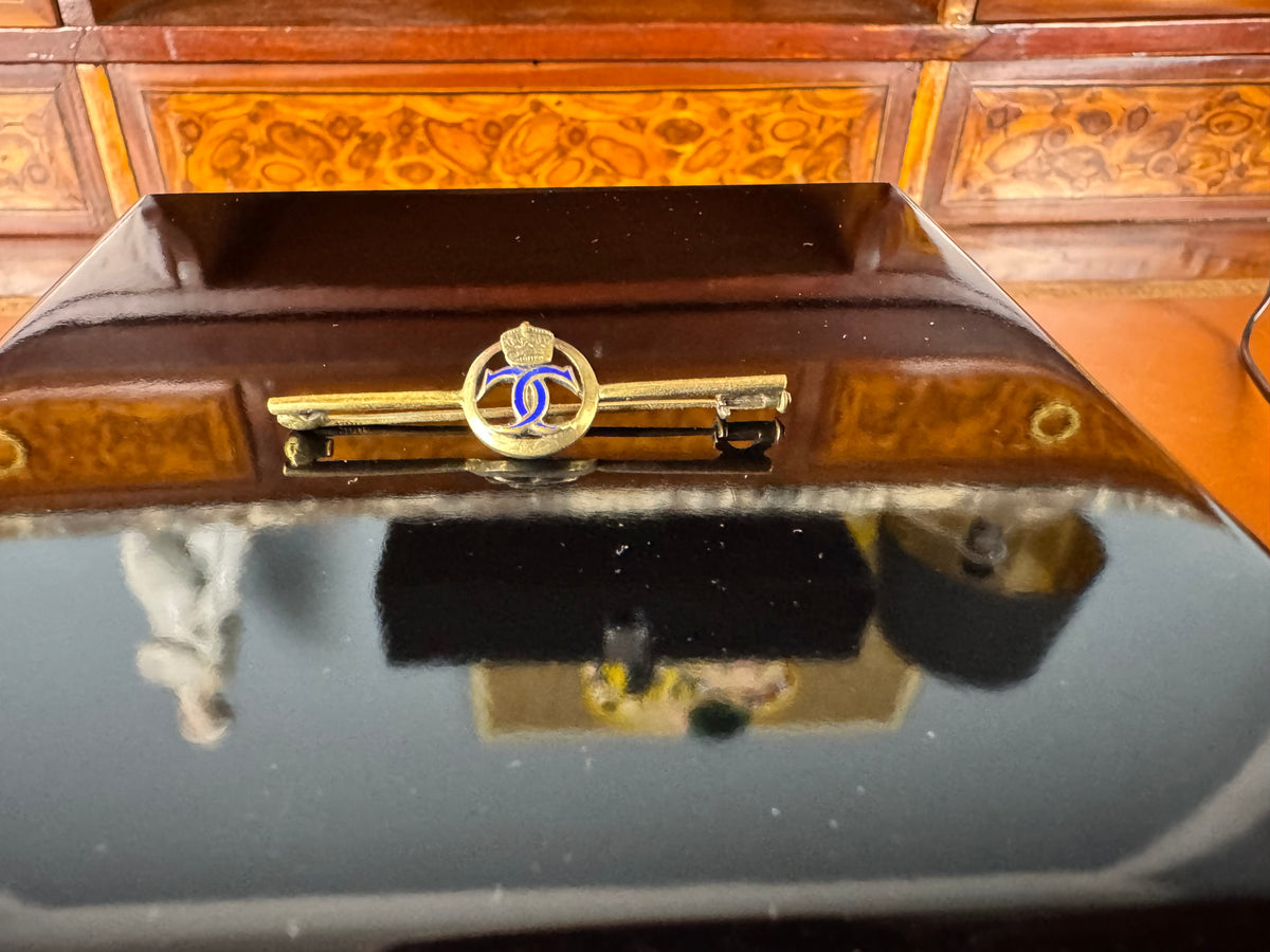 Gold tie pin with crowned blue enamel monogram of Crown Princess Cecilie of Prussia, Imperial German court jewellery.