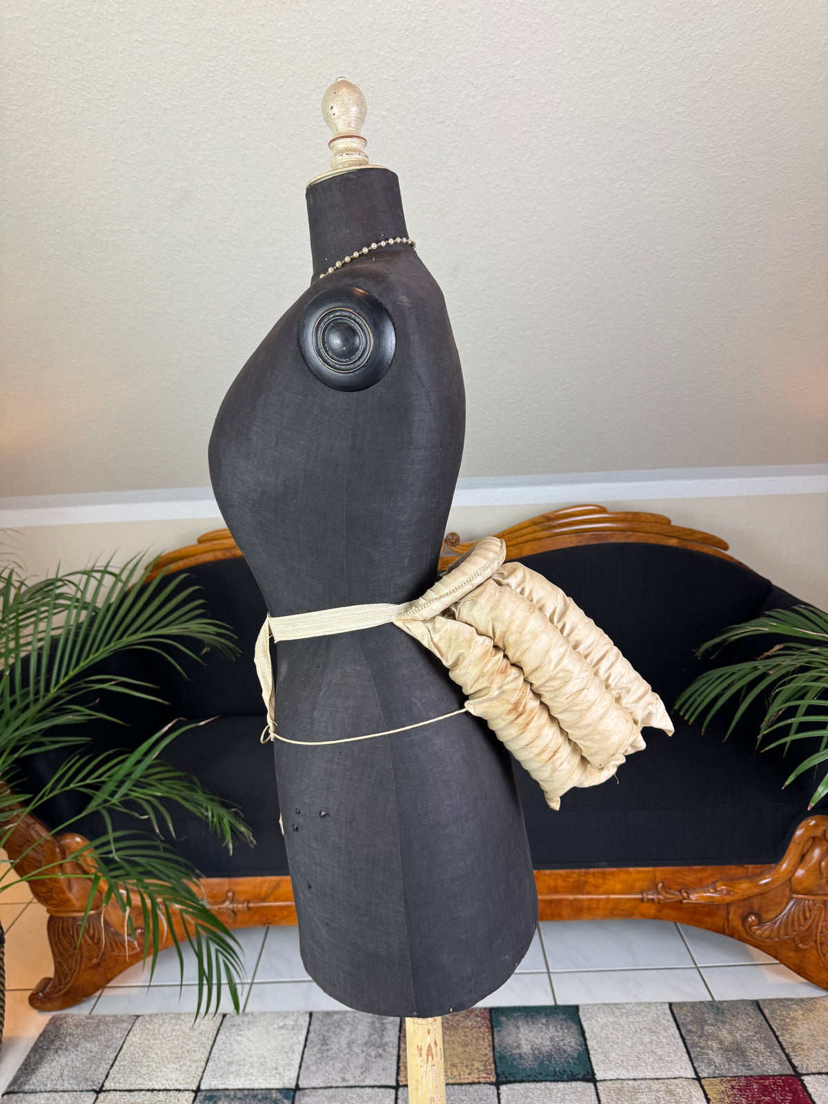 Antique tri‑coil bustle, 1880s cotton and steel coil Victorian undergarment