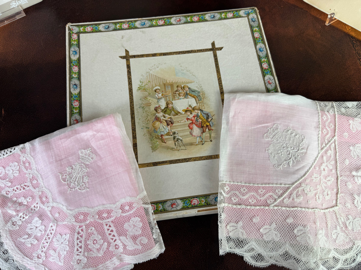 Royal antique lace handkerchiefs c.1900 – Tuscany–Württemberg double coat of arms from the wedding trousseau of Archduchess Maria Immakulata