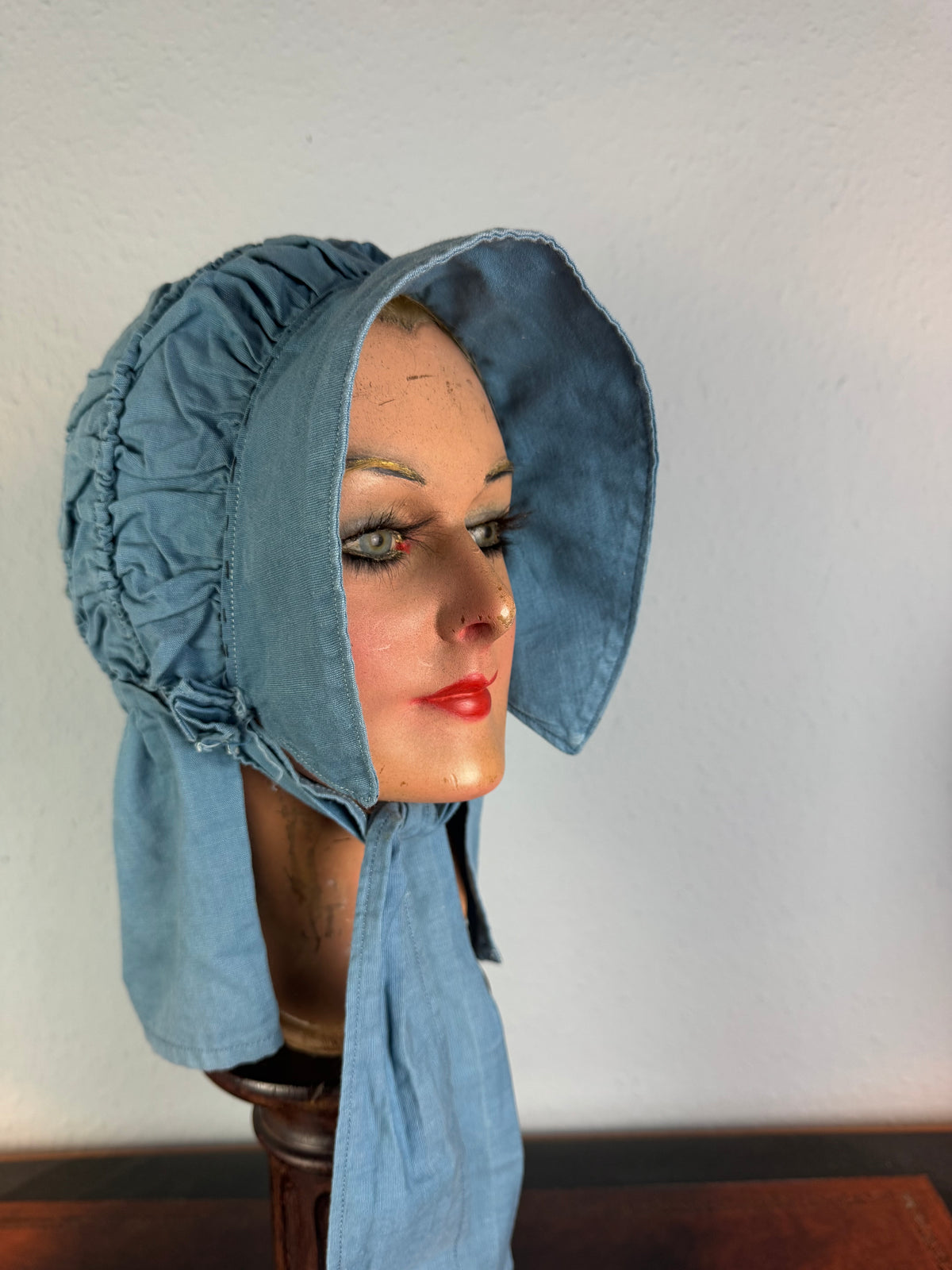 Antike viktorianische blaue Baumwoll-Sonnenhaube, ca. 1900