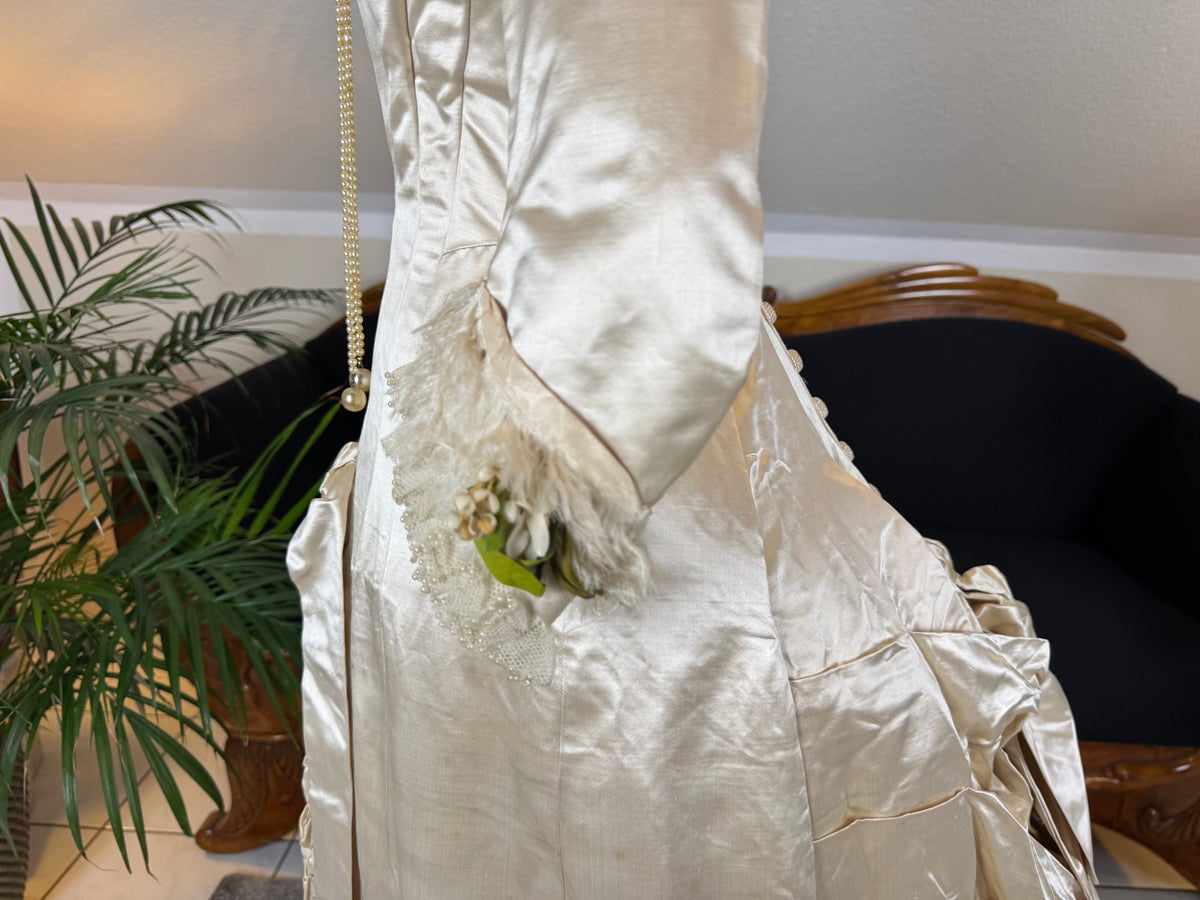 Antique Wedding Dress 1882 – Cream Satin Silk with Pleated Trims, Lace & Faux Pearls, Kate Rimer Provenance