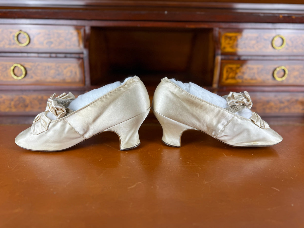 Antique 1882 silk wedding shoes with double bows by Julien Mayer Paris and Kate Rimer provenance