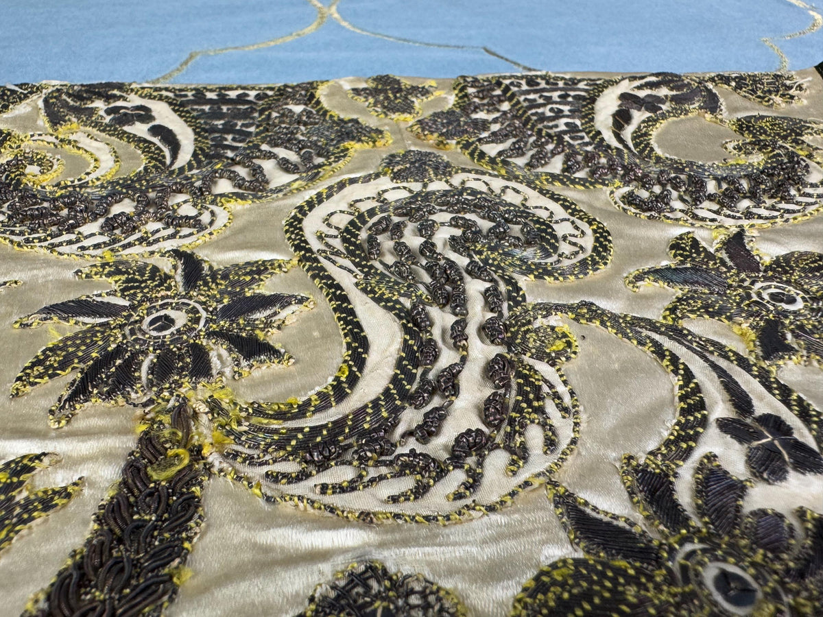1710 English Baroque silk stomacher with metallic embroidery and floral motifs, antique 18th‑century dress accessory