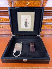 Silver cigarette case of Crown Prince Wilhelm of Prussia with crowned monogram, presentation pin and original caricature in bespoke casket.