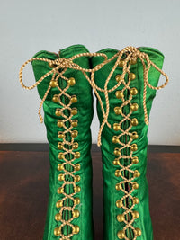 Victorian Green Silk Lace‑Up Boots, ca. 1875 – Low Heel, Brass Fasteners, Red Leather Lining