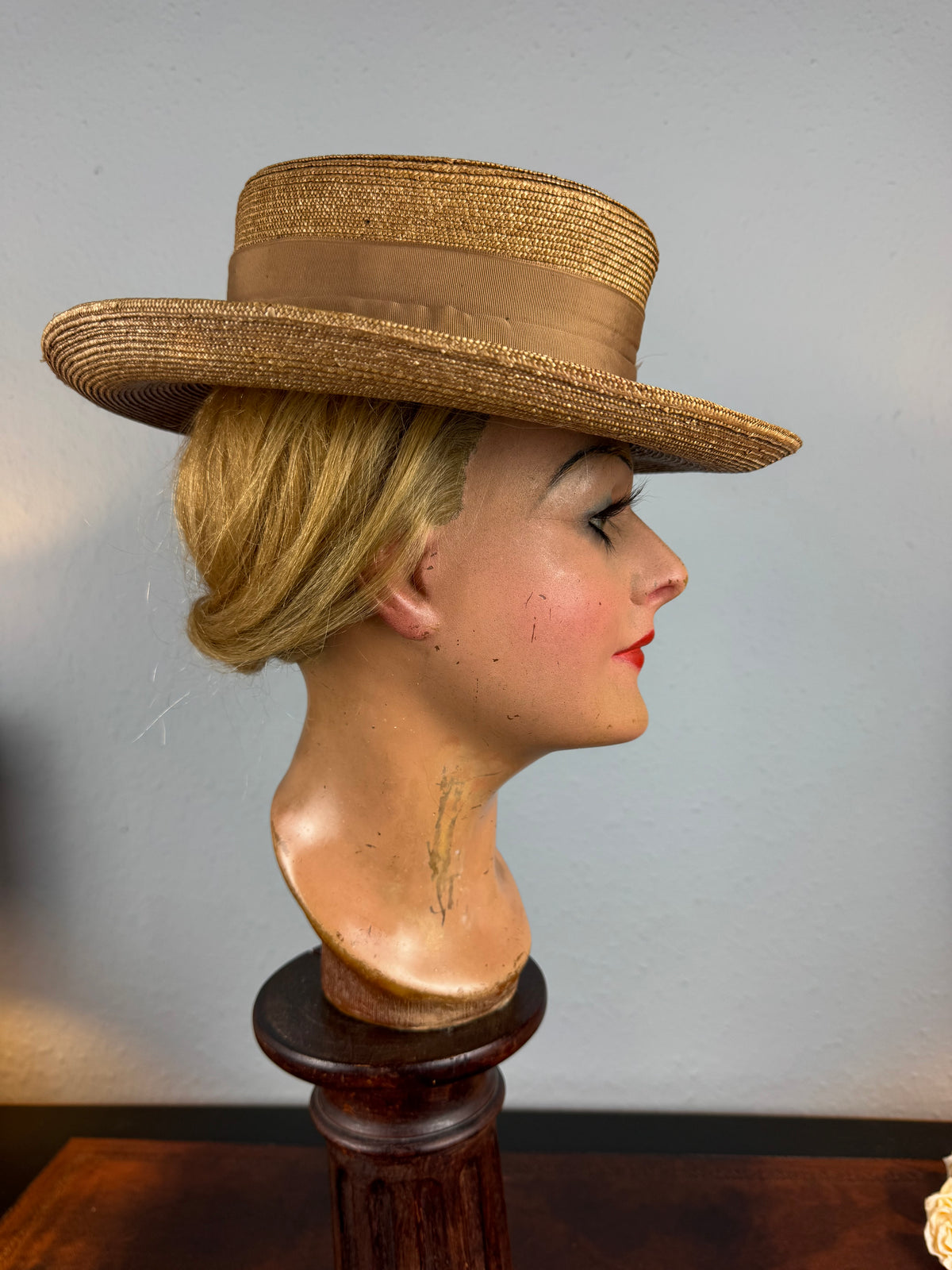 Antique Fine‑Woven French Straw Hat, ca. 1903 – Silk Band & Floral Details