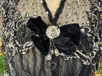 Antique Parisian evening gown with lace, tulle, velvet, rhinestones and beadwork, Marc Walter Place Vendôme label, Belle Époque couture designed for candlelight