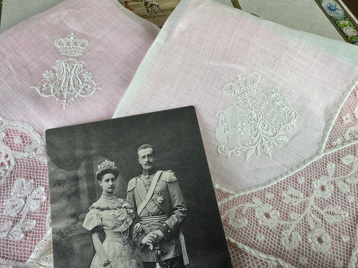 Royal antique lace handkerchiefs c.1900 – Tuscany–Württemberg double coat of arms from the wedding trousseau of Archduchess Maria Immakulata