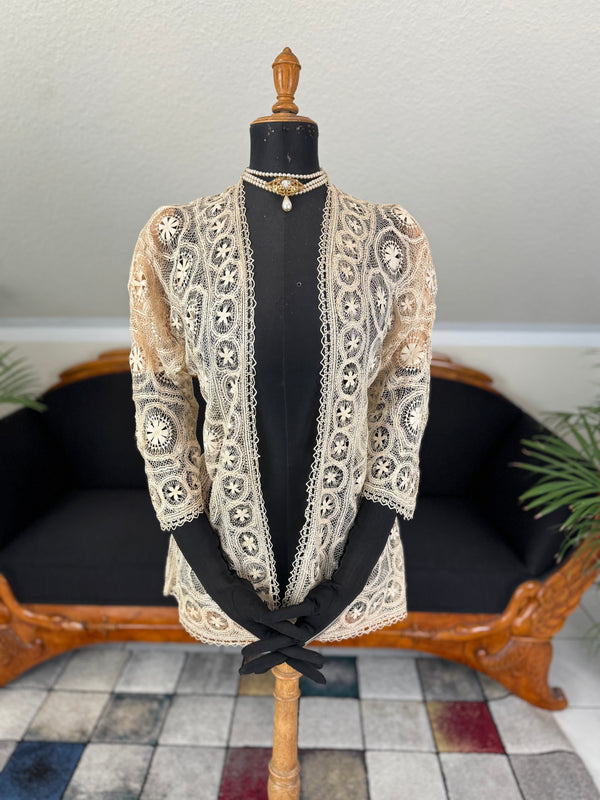 Antique Tenerife lace jacket, ca. 1911, American needle‑lace medallion design in ecru with fine openwork