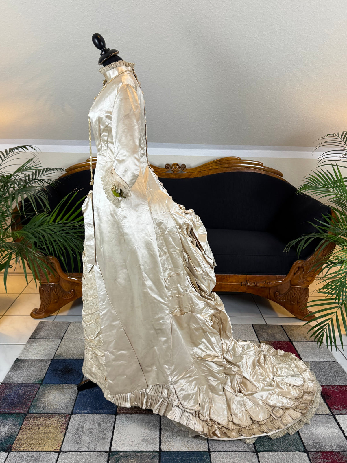 Antique Wedding Dress 1882 – Cream Satin Silk with Pleated Trims, Lace & Faux Pearls, Kate Rimer Provenance