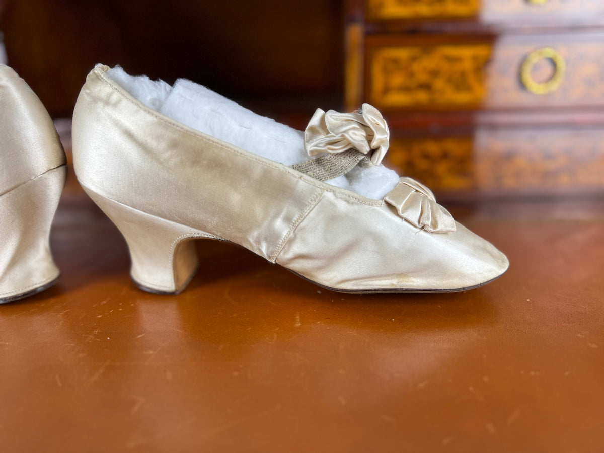 Antique 1882 silk wedding shoes with double bows by Julien Mayer Paris and Kate Rimer provenance