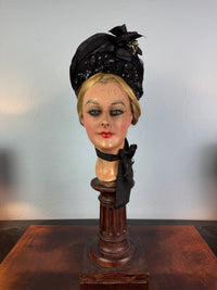 Victorian bonnet ca. 1880 with silk, sequins, fabric flowers, Paris label, chin bow, well preserved