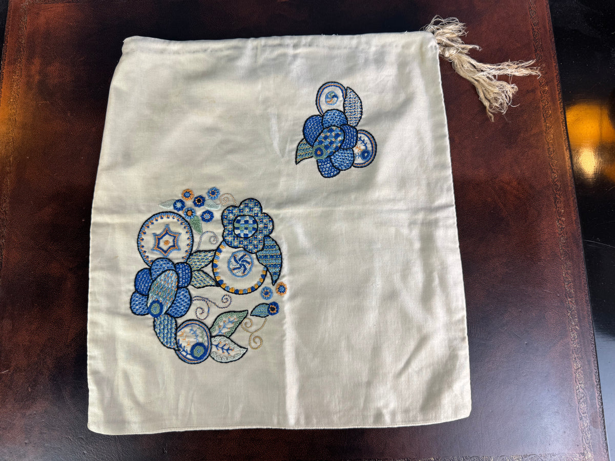 Antique silk garment bag – embroidered front, used for storing dresses or corsets