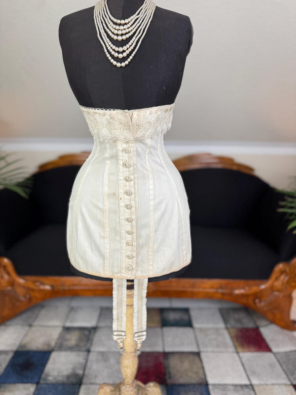 Samarit Stockholm light cotton garment with lace border, removable corset stays and organic front buttons