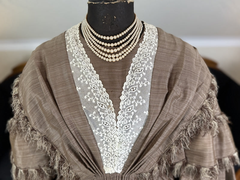 1850s brown striped silk governess dress with lace insert and tiered sleeves, antique Victorian gown