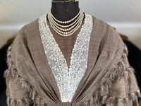 1850s brown striped silk governess dress with lace insert and tiered sleeves, antique Victorian gown