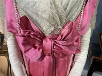 1912 pink wild silk dress with lace collar, chiffon sleeves and decorative buttons, antique Edwardian gown