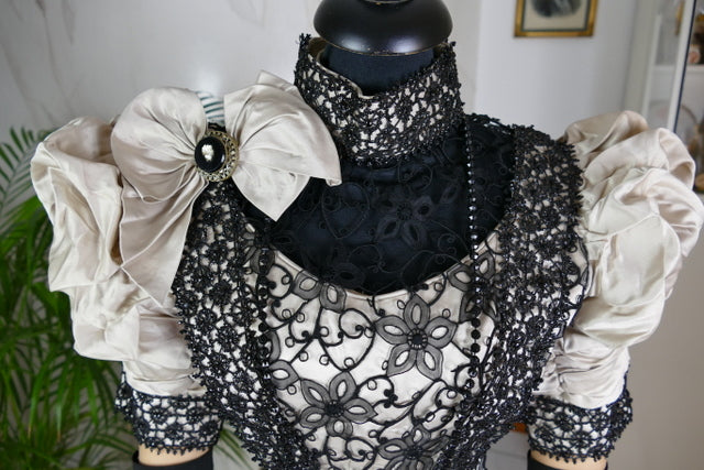 1893 evening dress — antique Victorian gown with silk bodice and lace trim