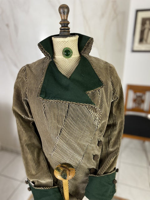1912 striped Edwardian walking dress in cotton with high waistline, long skirt and decorative buttons, antique gown