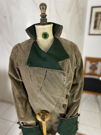 1912 striped Edwardian walking dress in cotton with high waistline, long skirt and decorative buttons, antique gown