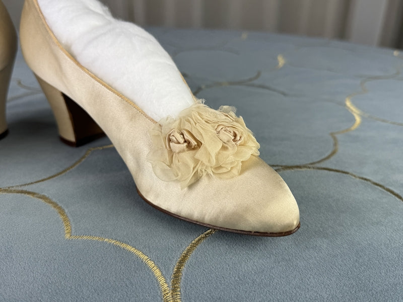 Titanic era wedding shoes, 1912, ivory silk bridal shoes