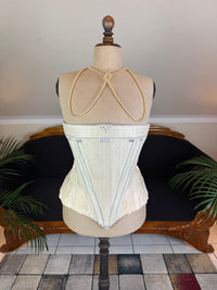 One‑piece vintage blue silk corset in 18th‑century style with hip gores and back lacing, English manufactory, excellent condition