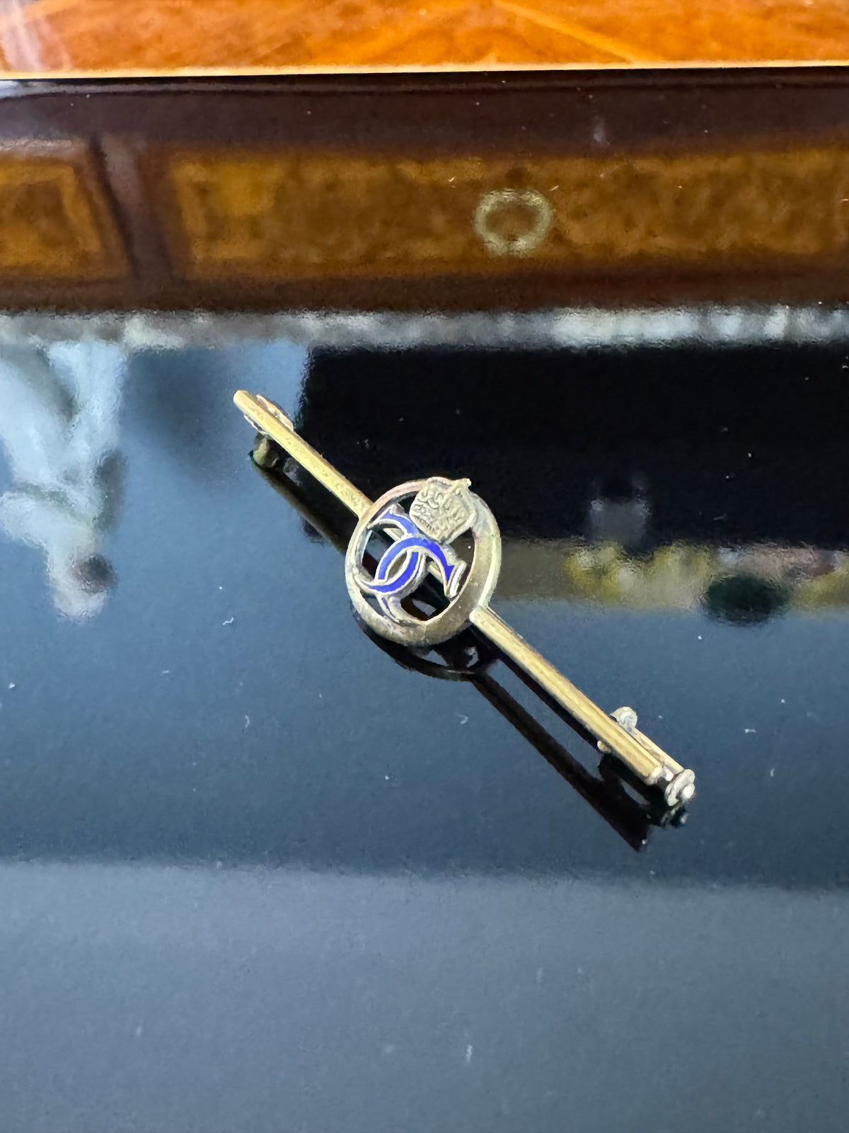 Gold tie pin with crowned blue enamel monogram of Crown Princess Cecilie of Prussia, Imperial German court jewellery.