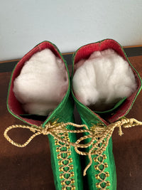 Victorian Green Silk Lace‑Up Boots, ca. 1875 – Low Heel, Brass Fasteners, Red Leather Lining