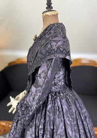 1847 Biedermeier visiting gown in brown silk with wide pagoda sleeves and fitted bodice, antique dress