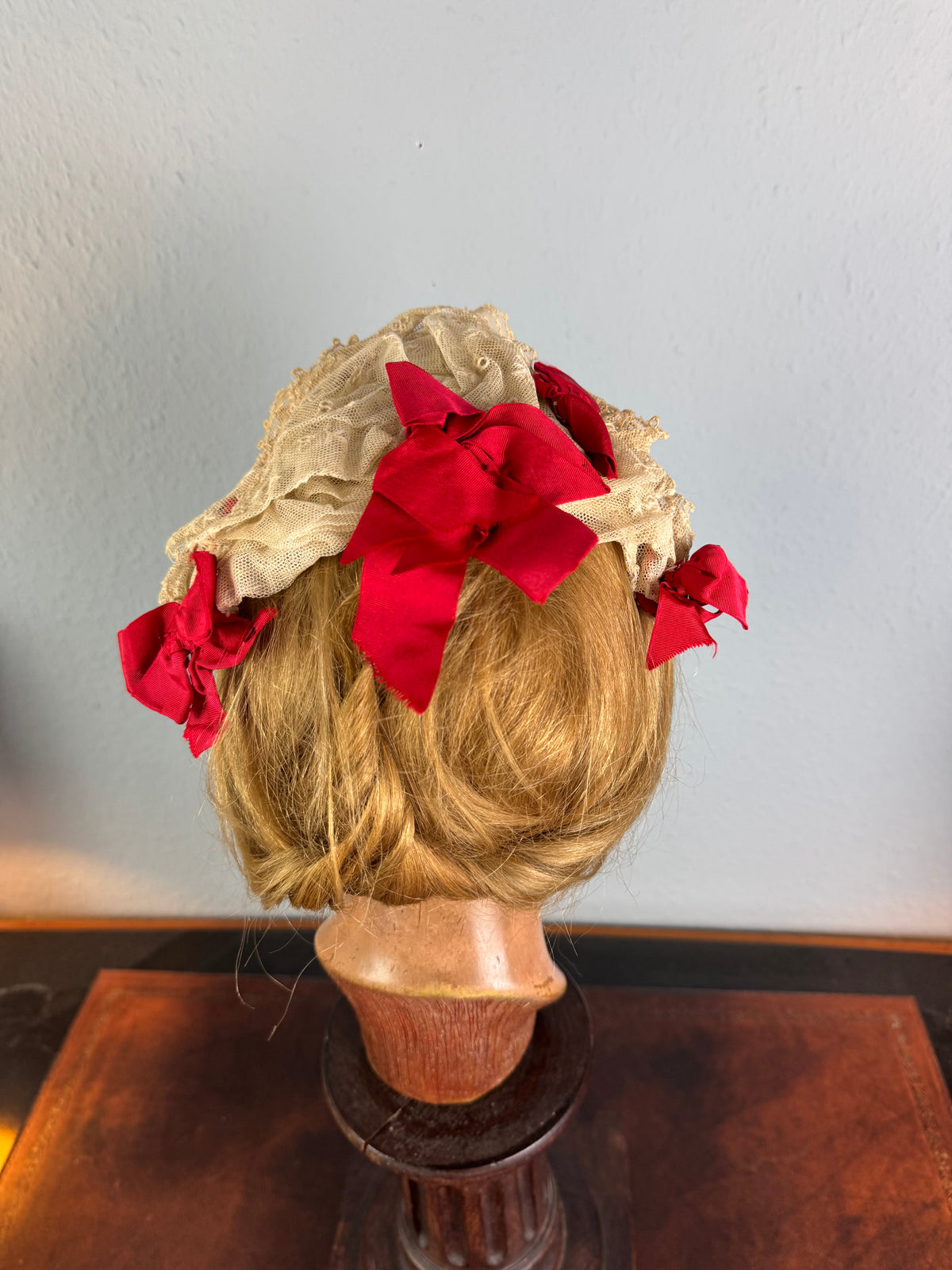 Victorian lace bonnet with red ribbons, indoor house bonnet ca. 1880, well preserved.