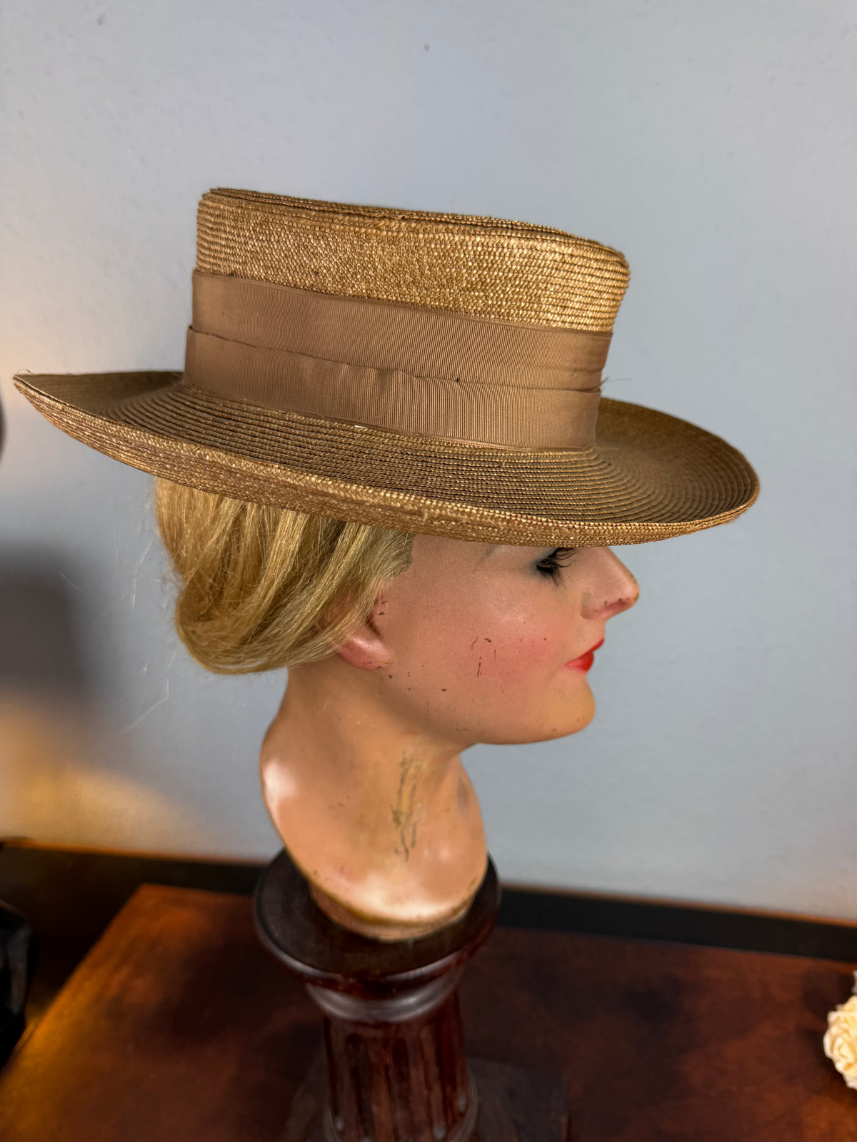 Antique 1903 fine‑woven French straw hat with silk band, fabric flowers, dark pearls, silk lining, well preserved