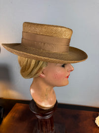 Antique 1903 fine‑woven French straw hat with silk band, fabric flowers, dark pearls, silk lining, well preserved