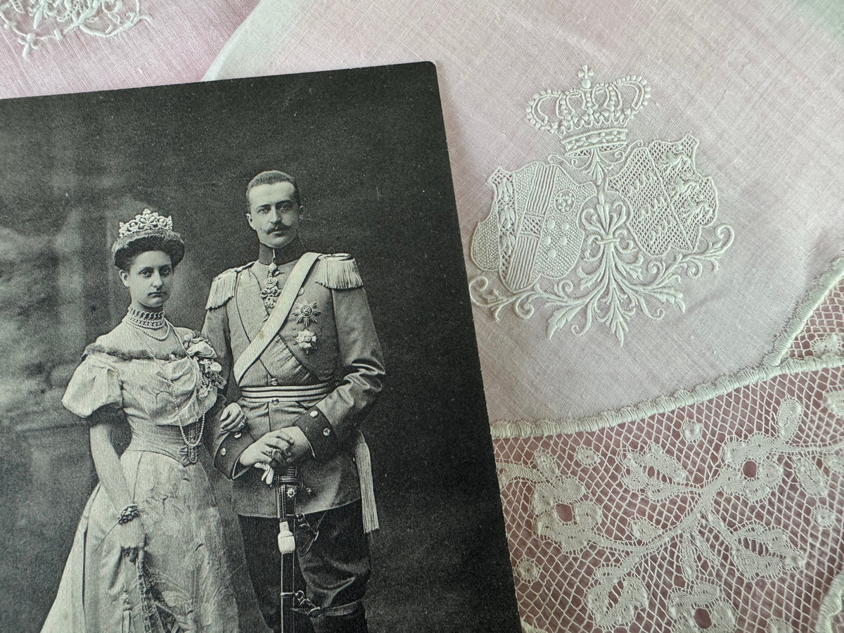 Royal antique lace handkerchiefs c.1900 – Tuscany–Württemberg double coat of arms from the wedding trousseau of Archduchess Maria Immakulata