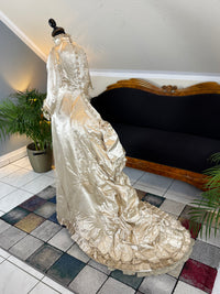 Antique Wedding Dress 1882 – Cream Satin Silk with Pleated Trims, Lace & Faux Pearls, Kate Rimer Provenance