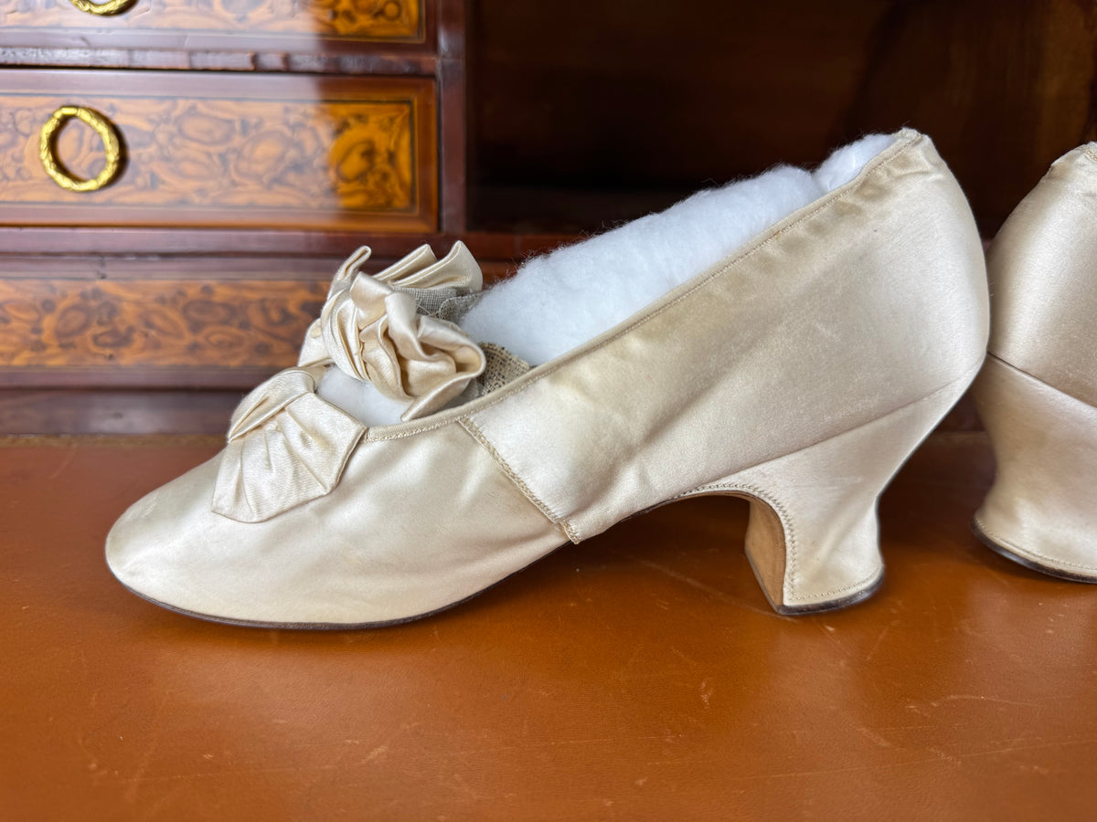 Antique 1882 silk wedding shoes with double bows by Julien Mayer Paris and Kate Rimer provenance