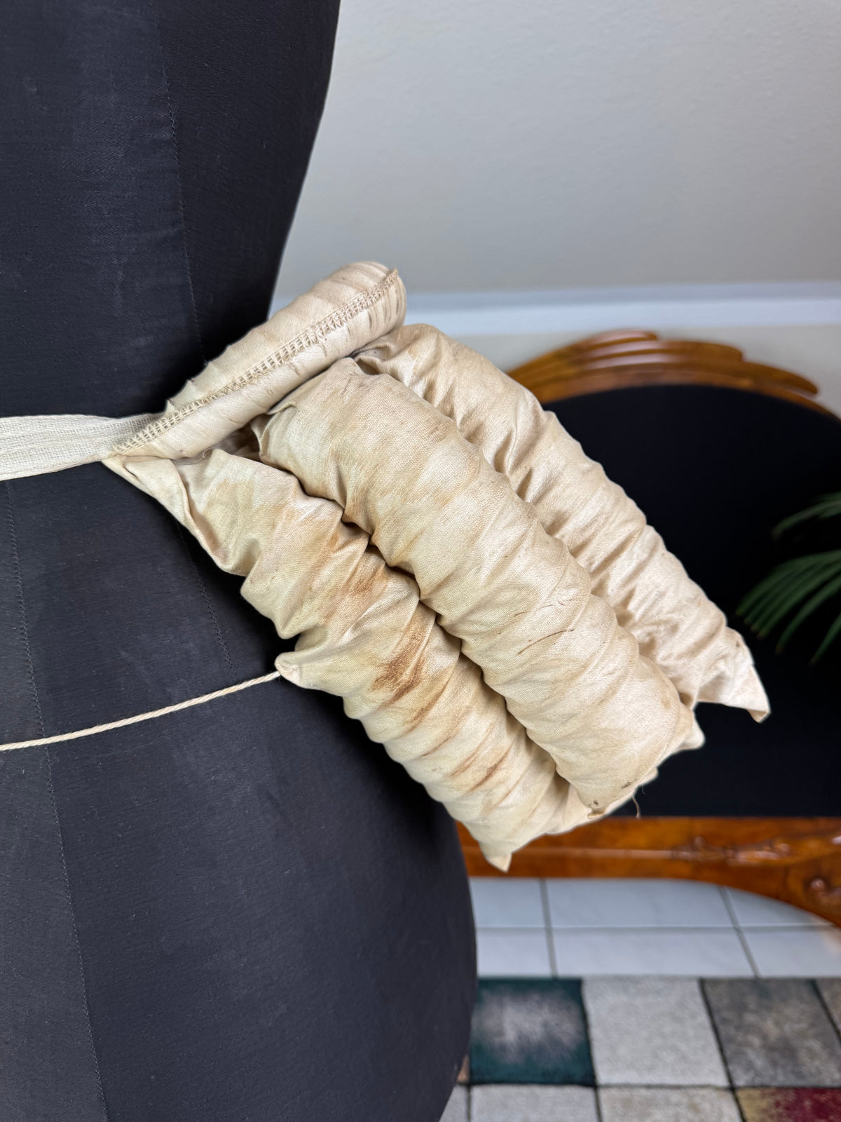 Antique tri‑coil bustle, 1880s cotton and steel coil Victorian undergarment