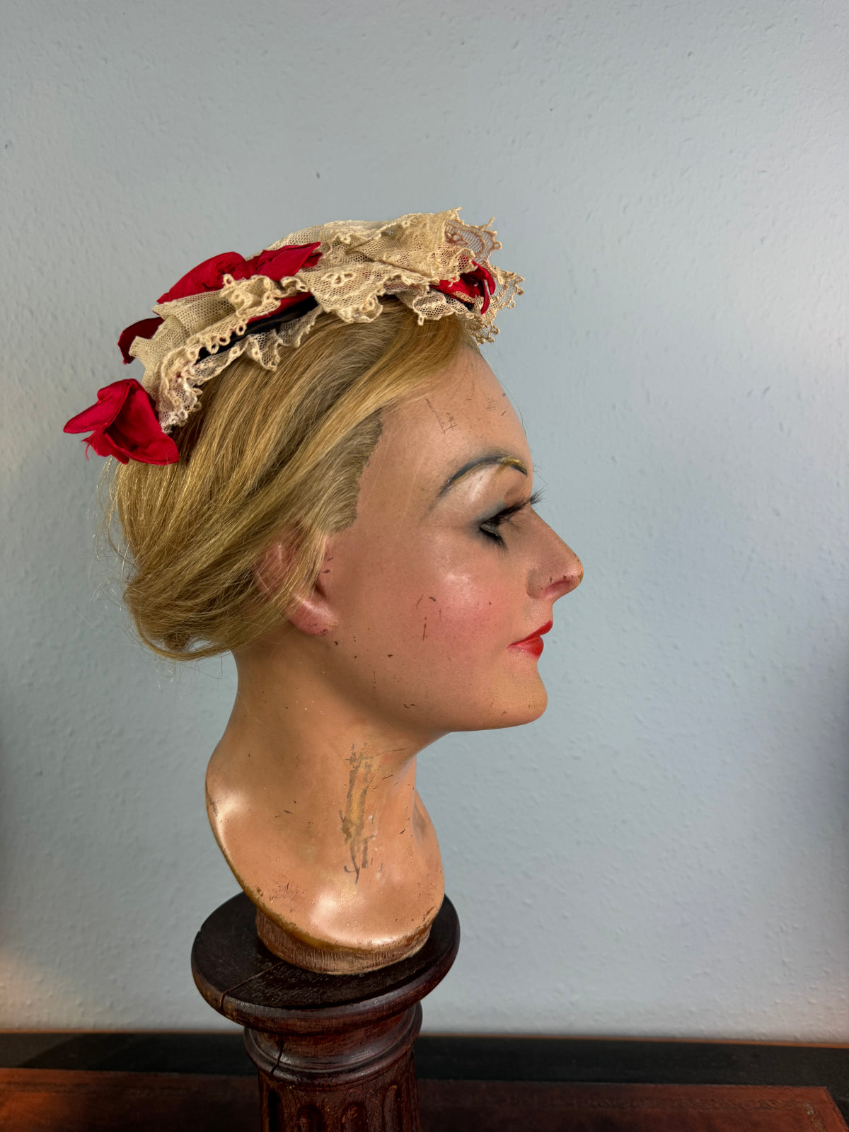 Victorian lace bonnet with red ribbons, indoor house bonnet ca. 1880, well preserved.