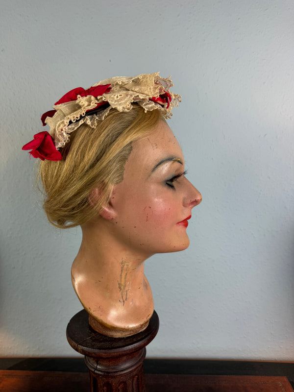 Victorian lace bonnet with red ribbons, indoor house bonnet ca. 1880, well preserved.