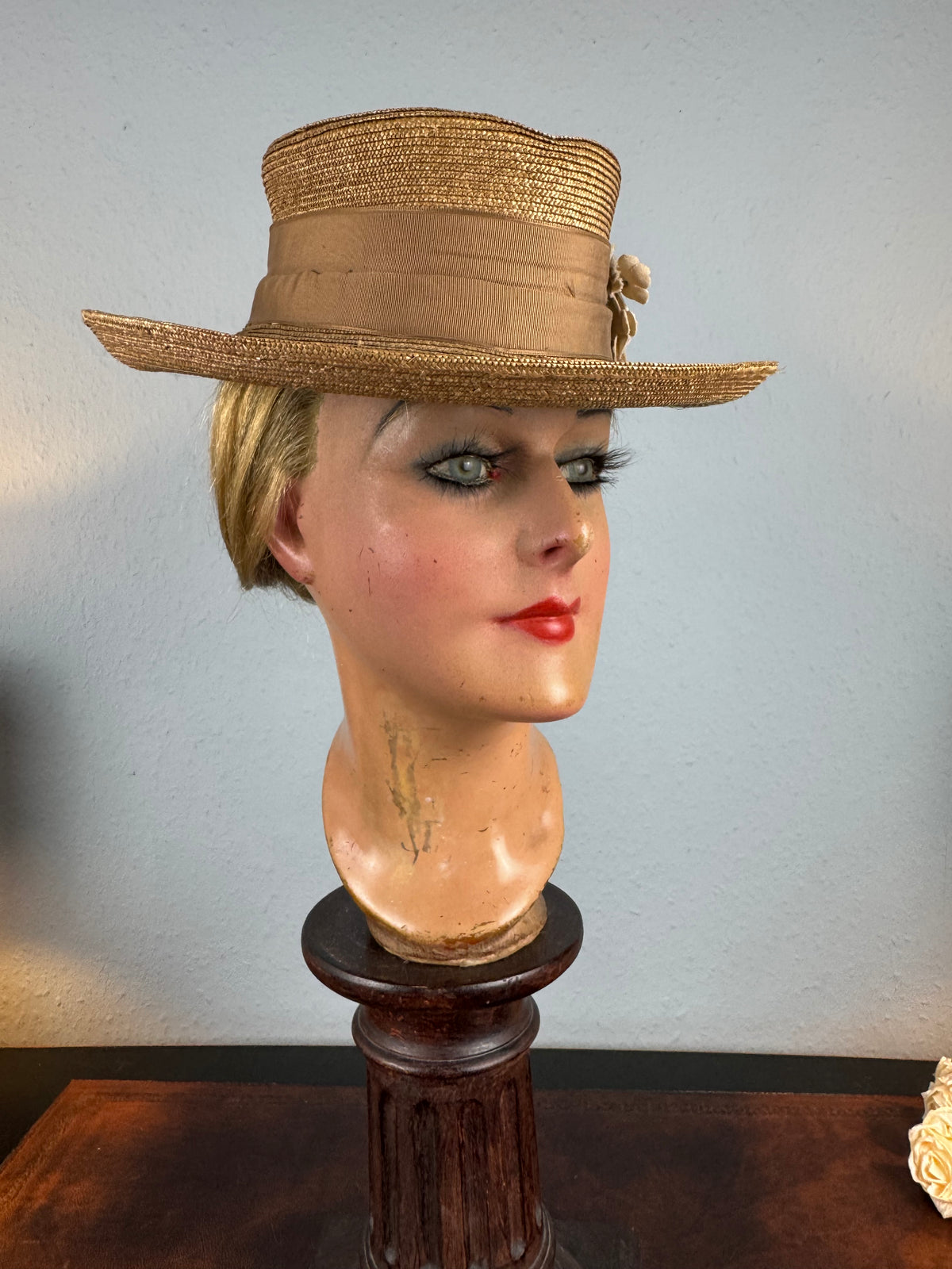 Antique 1903 fine‑woven French straw hat with silk band, fabric flowers, dark pearls, silk lining, well preserved