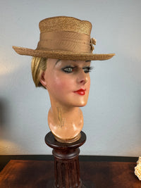 Antique 1903 fine‑woven French straw hat with silk band, fabric flowers, dark pearls, silk lining, well preserved