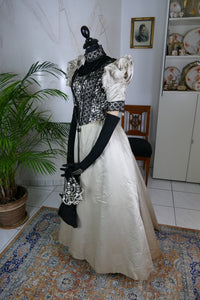 1893 evening dress — antique Victorian gown with silk bodice and lace trim