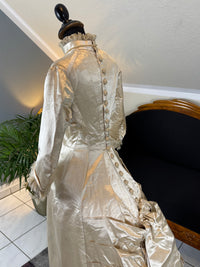 Antique Wedding Dress 1882 – Cream Satin Silk with Pleated Trims, Lace & Faux Pearls, Kate Rimer Provenance